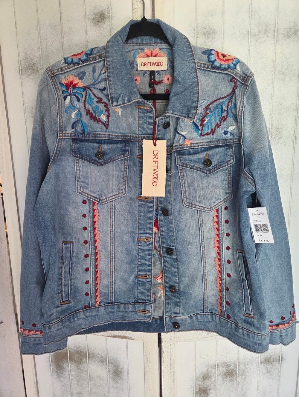 Nwt DRIFTWOOD Light Wash Denim Jacket with Red and Coral Embroidery Medium